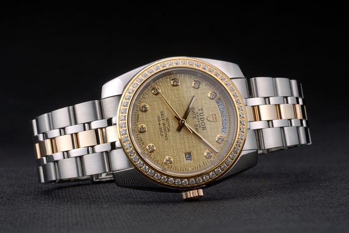 Swiss Tudor Classic Rose Crystal Encrusted Bezel Crystal Encrusted Golden Dial 80304 - Image 3