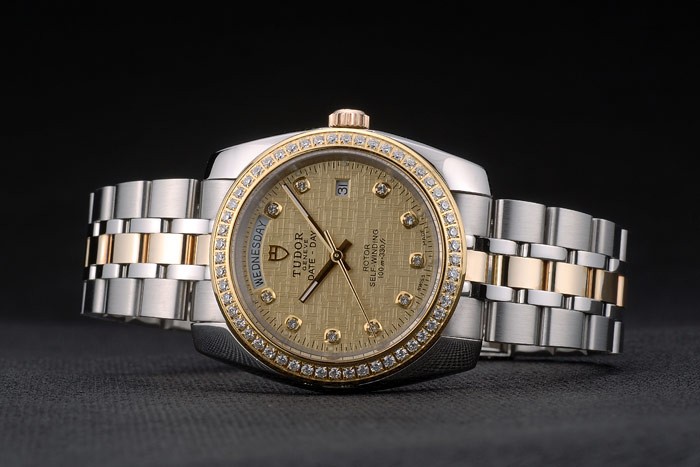 Swiss Tudor Classic Rose Crystal Encrusted Bezel Crystal Encrusted Golden Dial 80304 - Image 4