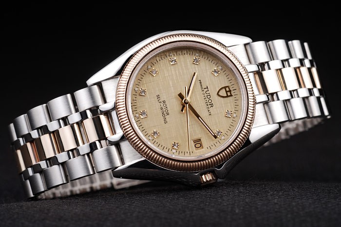Tudor Swiss Classic Prince Date Stainless Steel Case Rose Gold Ribbed Bezel Gold Dial - Image 2