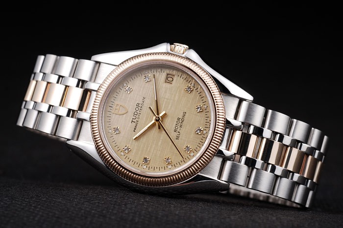 Tudor Swiss Classic Prince Date Stainless Steel Case Rose Gold Ribbed Bezel Gold Dial - Image 3