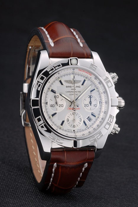 Swiss Breitling Certifie Stainless Steel Bezel Brown Croco Leather Bracelet White Dial 80285 - Image 3
