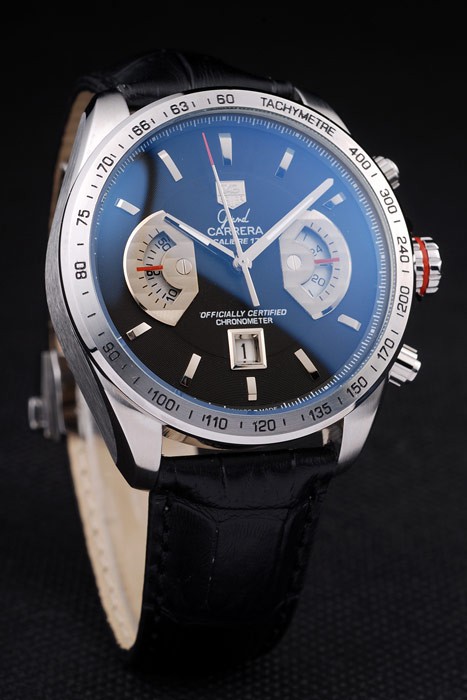 Tag Heuer Carrera Tachymeter Bezel Black Dial Black Leather Strap - Image 3
