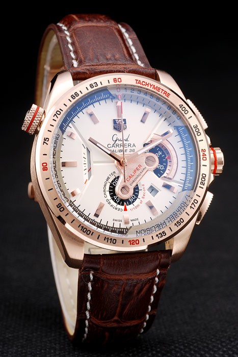 Tag Heuer Carrera Rose Gold Case White Dial Brown Leather Strap - Image 4