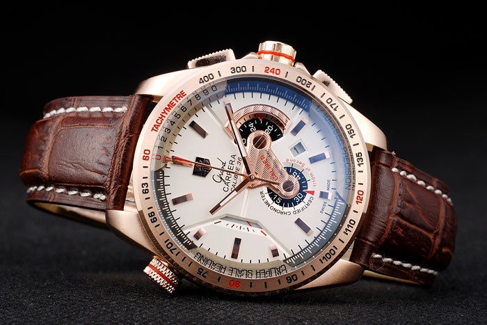 Tag Heuer Carrera Rose Gold Case White Dial Brown Leather Strap - Image 6