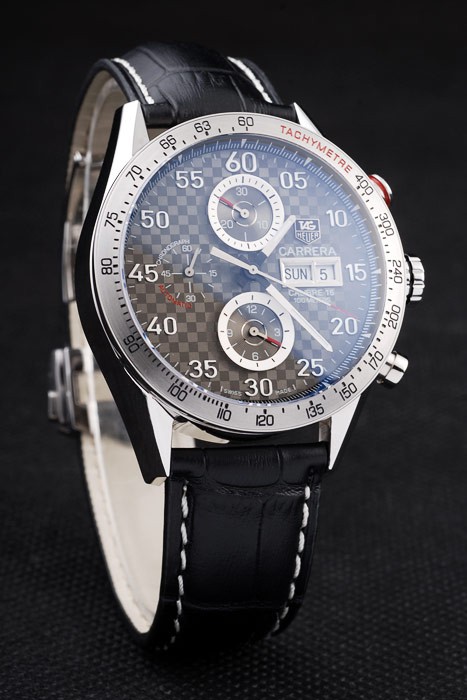 Tag Heuer Swiss Carrera Tachymeter Bezel Black Leather Strap Checkered Brown Dial - Image 3