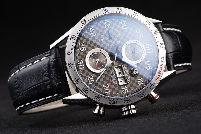 Tag Heuer Swiss Carrera Tachymeter Bezel Black Leather Strap Checkered Brown Dial - Image 4