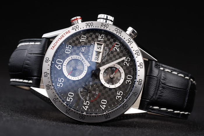 Tag Heuer Swiss Carrera Tachymeter Bezel Black Leather Strap Checkered Brown Dial - Image 5