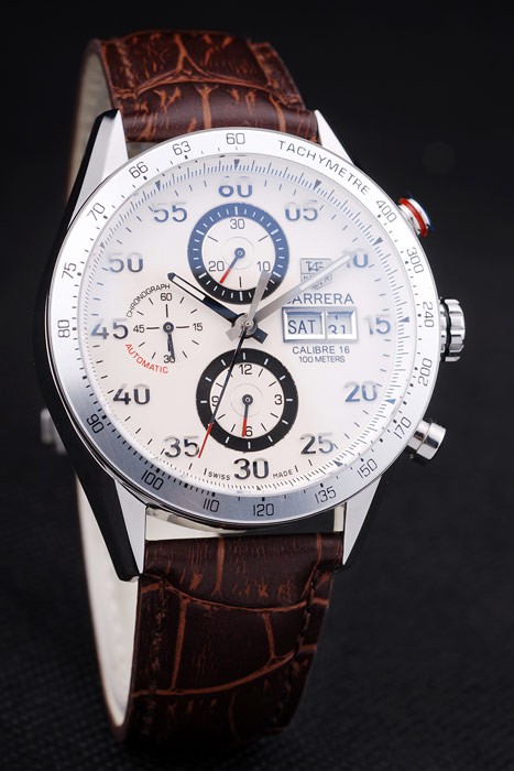 Tag Heuer Swiss Carrera Tachymeter Bezel Dark Brown Leather Strap White Dial - Image 3