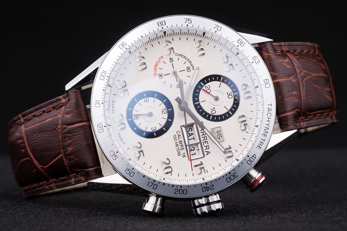 Tag Heuer Swiss Carrera Tachymeter Bezel Dark Brown Leather Strap White Dial - Image 4