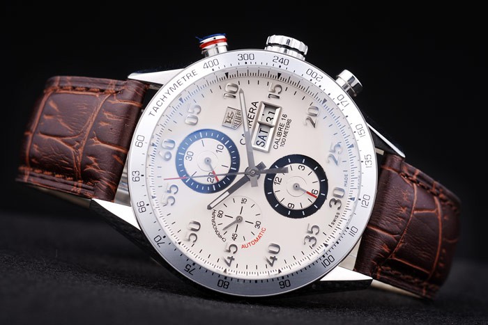 Tag Heuer Swiss Carrera Tachymeter Bezel Dark Brown Leather Strap White Dial - Image 5