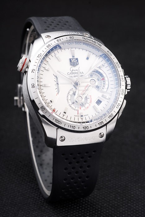 Tag Heuer Swiss Carrera Tachymeter Bezel Perforated Black Rubber Strap White Dial - Image 2
