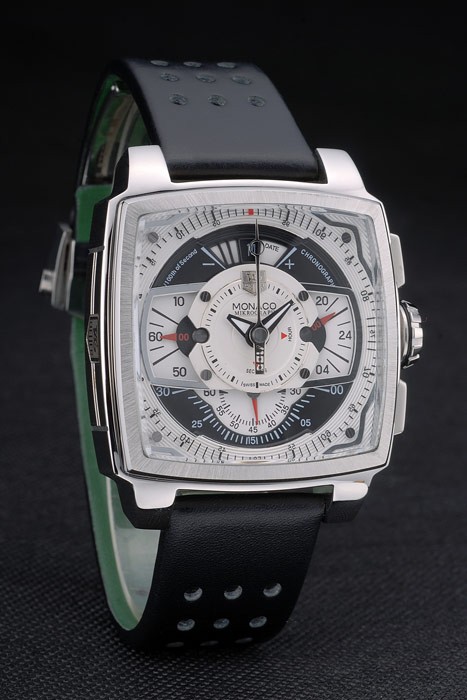 Tag Heuer Monaco Black-Green Perforated Leather Strap White Dial 80306 - Image 3