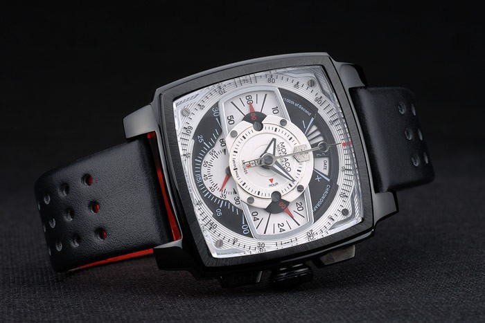 Tag Heuer Monaco Black-Red Perforated Leather Strap White Dial 80307 - Image 4