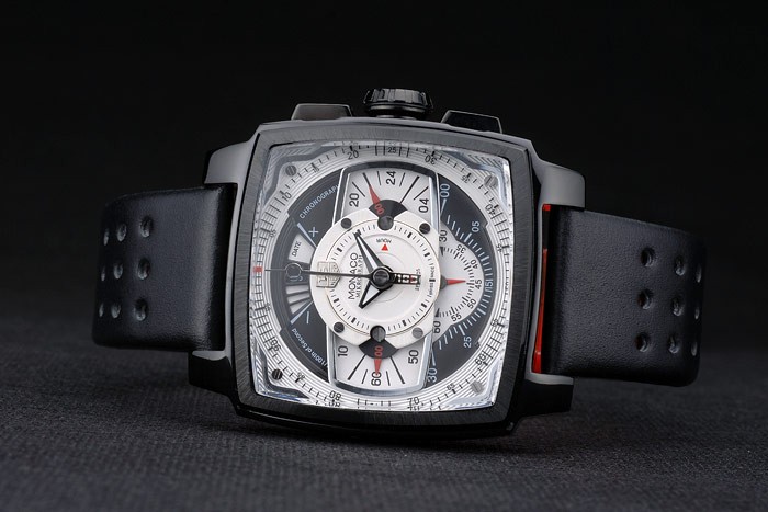 Tag Heuer Monaco Black-Red Perforated Leather Strap White Dial 80307 - Image 5