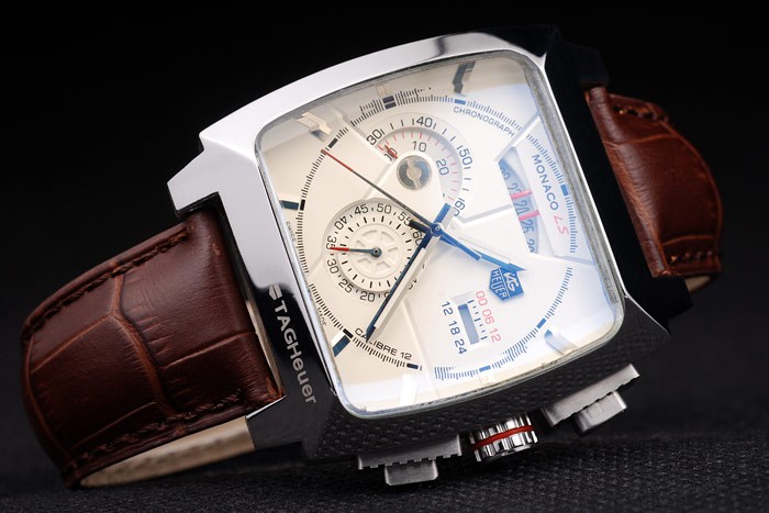 Tag Heuer Monaco Brushed Stainless Steel Case White Dial Brown Leather Strap - Image 2