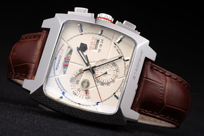 Tag Heuer Monaco Brushed Stainless Steel Case White Dial Brown Leather Strap - Image 3