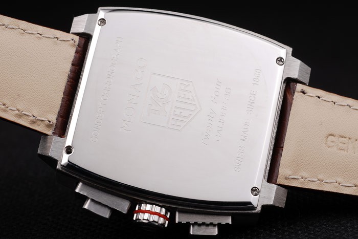 Tag Heuer Monaco Brushed Stainless Steel Case White Dial Brown Leather Strap - Image 6