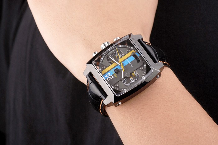 Tag Heuer Swiss Monaco Black Leather Strap Blue-Yellow Striped Black Dial - Image 2