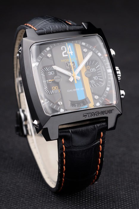 Tag Heuer Swiss Monaco Black Leather Strap Blue-Yellow Striped Black Dial - Image 3