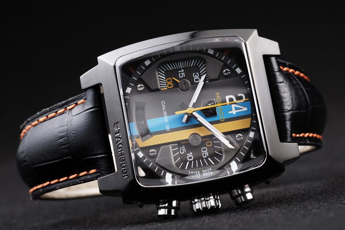 Tag Heuer Swiss Monaco Black Leather Strap Blue-Yellow Striped Black Dial - Image 4