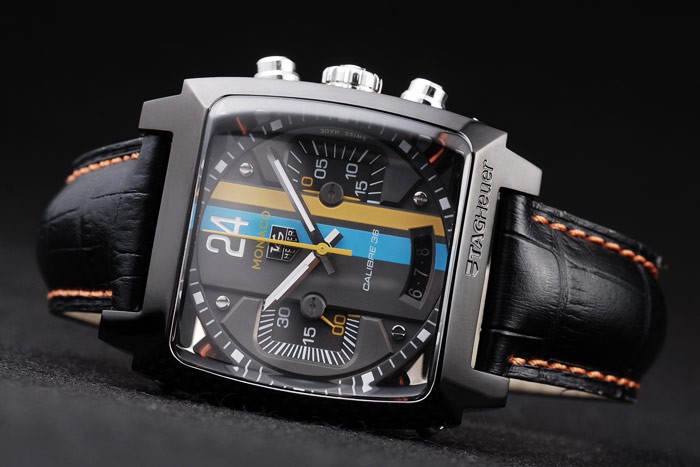 Tag Heuer Swiss Monaco Black Leather Strap Blue-Yellow Striped Black Dial - Image 5