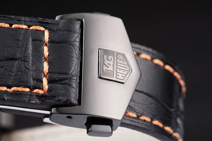 Tag Heuer Swiss Monaco Black Leather Strap Blue-Yellow Striped Black Dial - Image 6