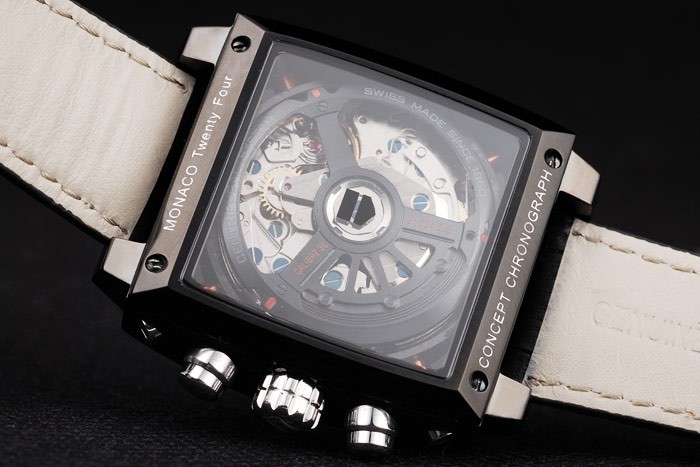 Tag Heuer Swiss Monaco Black Leather Strap Blue-Yellow Striped Black Dial - Image 9