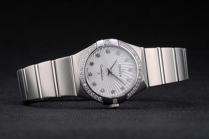 Swiss Lady Omega Constellation Crystal Encrusted Bezel Silver Radial Dial 80291 - Image 3