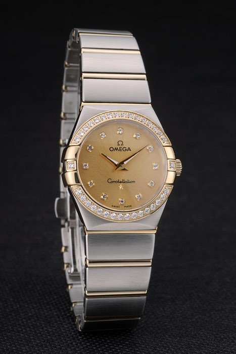 Swiss Lady Omega Constellation Crystal Encrusted Bezel Golden Dial 80293 - Image 2