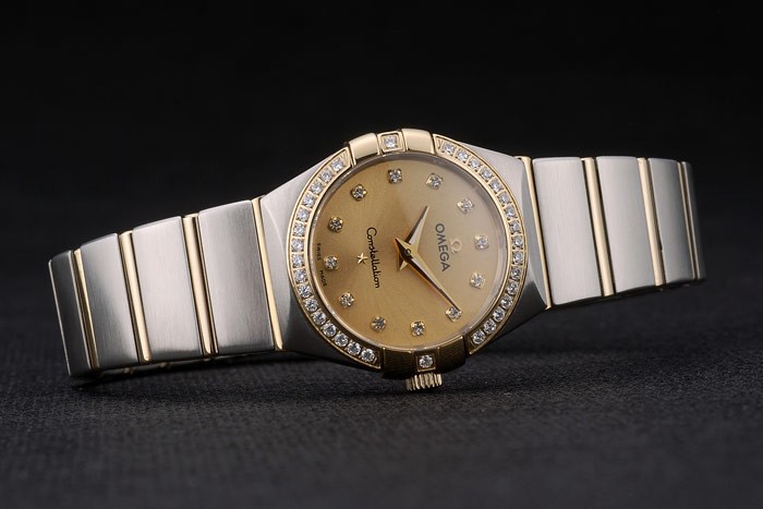 Swiss Lady Omega Constellation Crystal Encrusted Bezel Golden Dial 80293 - Image 3