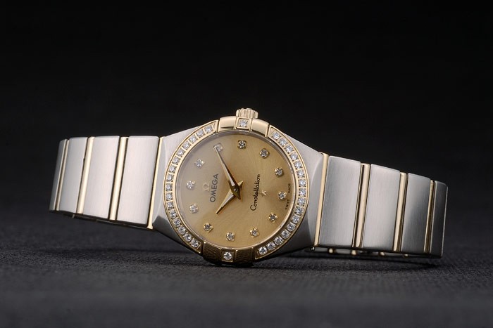Swiss Lady Omega Constellation Crystal Encrusted Bezel Golden Dial 80293 - Image 4