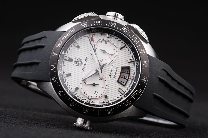 Tag Heuer Swiss SLR Tachymeter Bezel Black Rubber Strap White Dial - Image 4