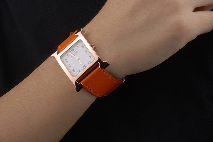 Hermes Heure H Rose Gold Bezel Orange Leather Strap White Dial 80234 - Image 2