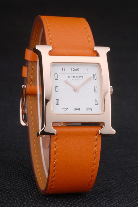 Hermes Heure H Rose Gold Bezel Orange Leather Strap White Dial 80234 - Image 3