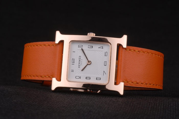 Hermes Heure H Rose Gold Bezel Orange Leather Strap White Dial 80234 - Image 5