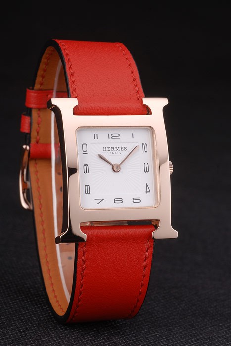 Hermes Heure H Rose Gold Bezel Red Leather Strap White Dial 80233 - Image 3