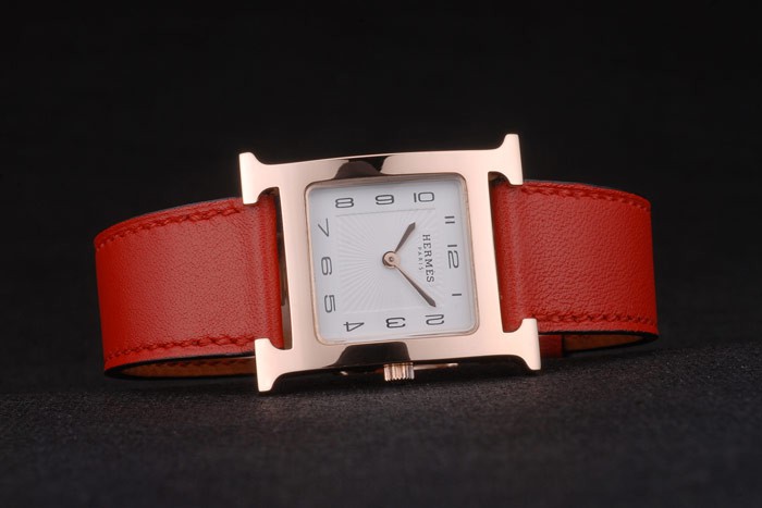 Hermes Heure H Rose Gold Bezel Red Leather Strap White Dial 80233 - Image 4
