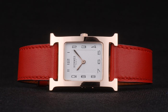 Hermes Heure H Rose Gold Bezel Red Leather Strap White Dial 80233 - Image 5