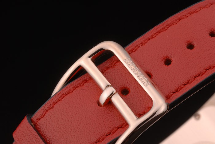 Hermes Heure H Rose Gold Bezel Red Leather Strap White Dial 80233 - Image 6