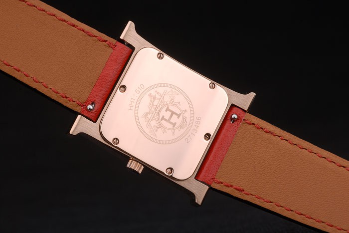 Hermes Heure H Rose Gold Bezel Red Leather Strap White Dial 80233 - Image 7
