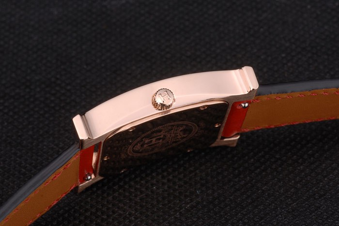 Hermes Heure H Rose Gold Bezel Red Leather Strap White Dial 80233 - Image 8