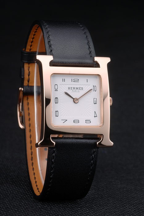 Hermes Heure H Rose Gold Bezel Black Leather Strap White Dial 80235 - Image 3