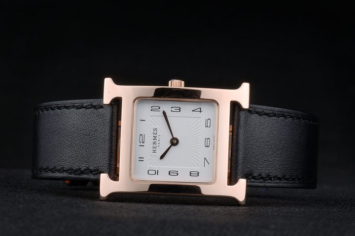 Hermes Heure H Rose Gold Bezel Black Leather Strap White Dial 80235 - Image 5