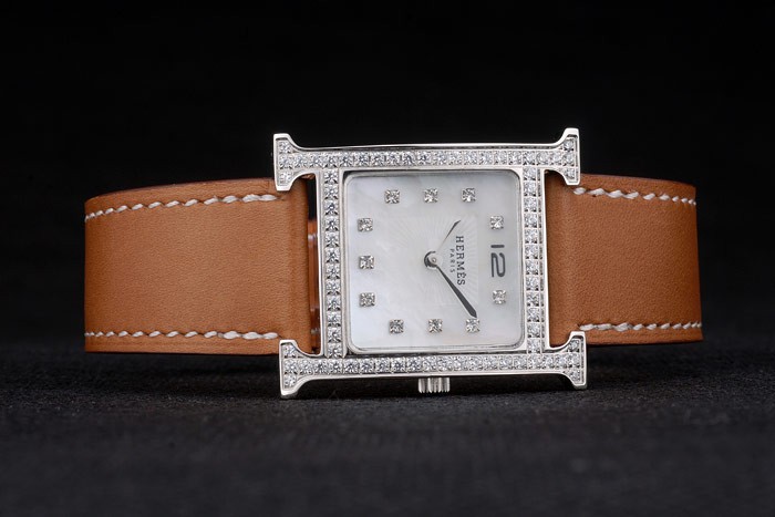 Hermes Heure H Stainless Steel Diamond Encrusted Bezel Tan Leather Strap White Dial 80232 - Image 4