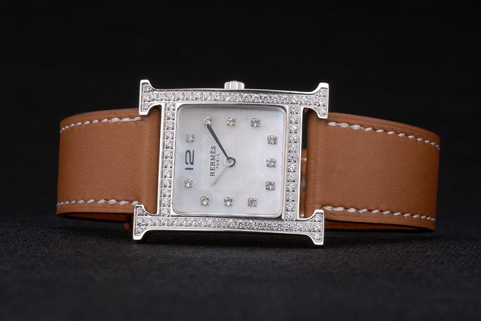 Hermes Heure H Stainless Steel Diamond Encrusted Bezel Tan Leather Strap White Dial 80232 - Image 5
