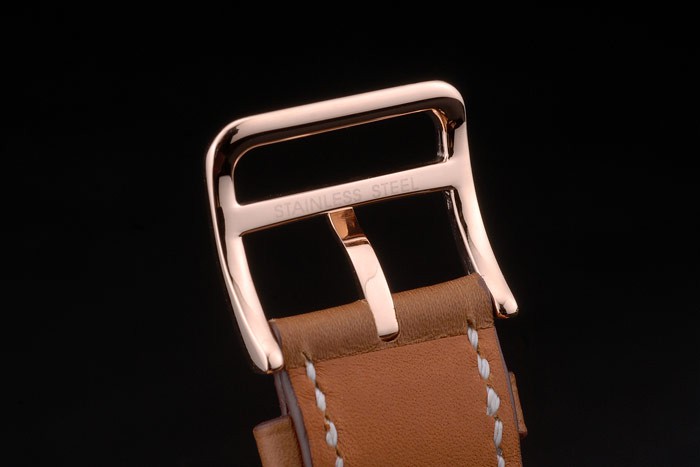 Hermes Heure H Rose Gold Diamond Encrusted Bezel Tan Leather Strap White Dial 80236 - Image 10