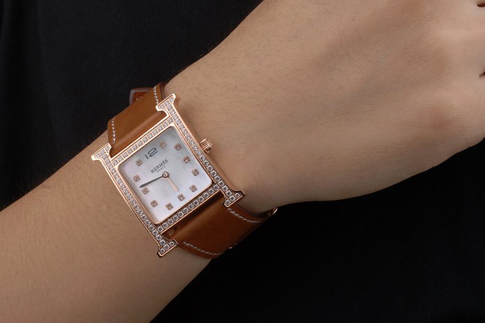 Hermes Heure H Rose Gold Diamond Encrusted Bezel Tan Leather Strap White Dial 80236 - Image 2