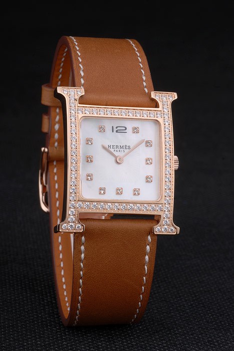 Hermes Heure H Rose Gold Diamond Encrusted Bezel Tan Leather Strap White Dial 80236 - Image 3