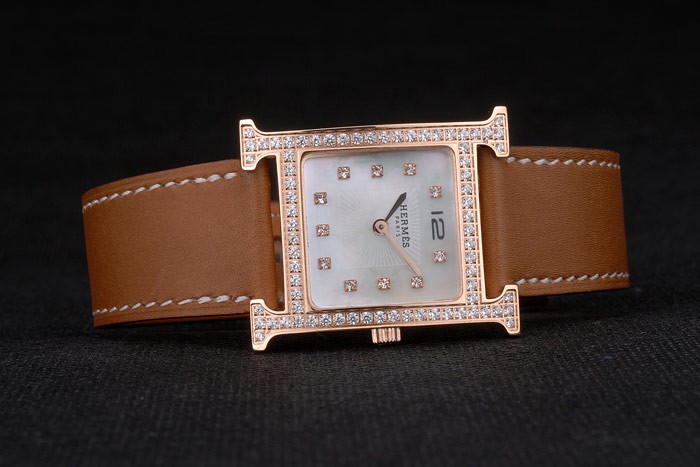 Hermes Heure H Rose Gold Diamond Encrusted Bezel Tan Leather Strap White Dial 80236 - Image 4