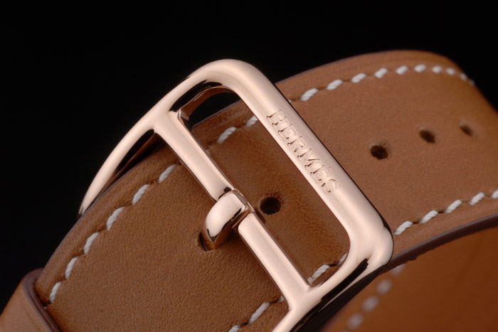 Hermes Heure H Rose Gold Diamond Encrusted Bezel Tan Leather Strap White Dial 80236 - Image 6